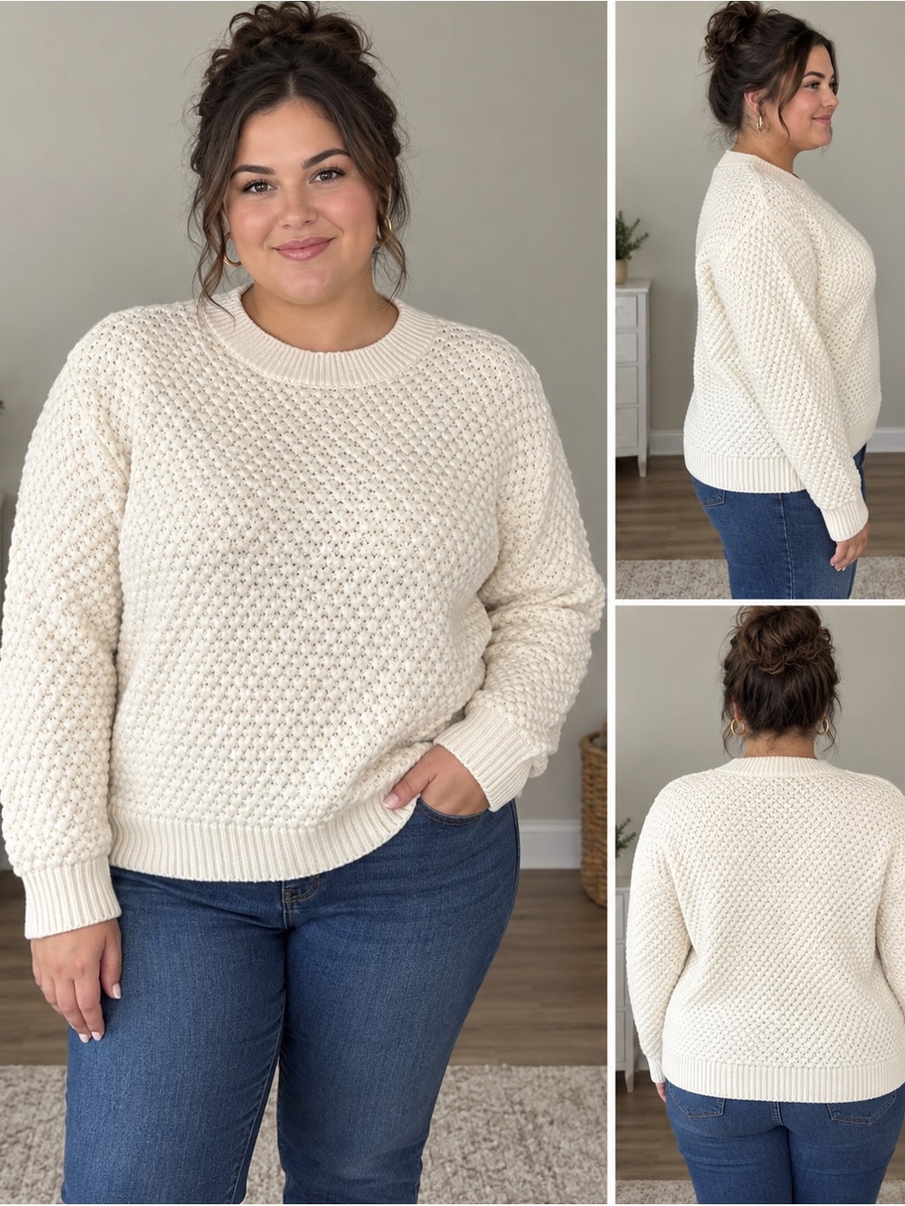 Cream Textured Honeycomb Knit Crewneck Sweater Women’s Large